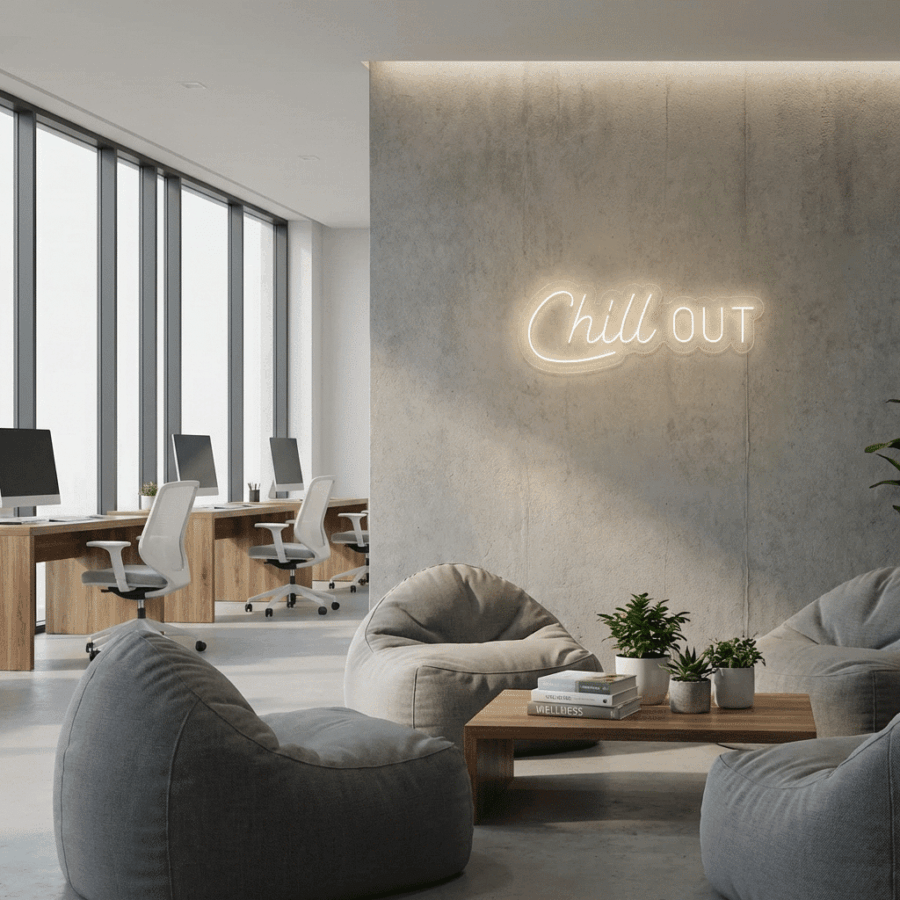 Modern office lounge with gray bean bag chairs, wooden coffee table, potted plants, and a Chill Out Neon sign on the wall; workstations with computers in the background.