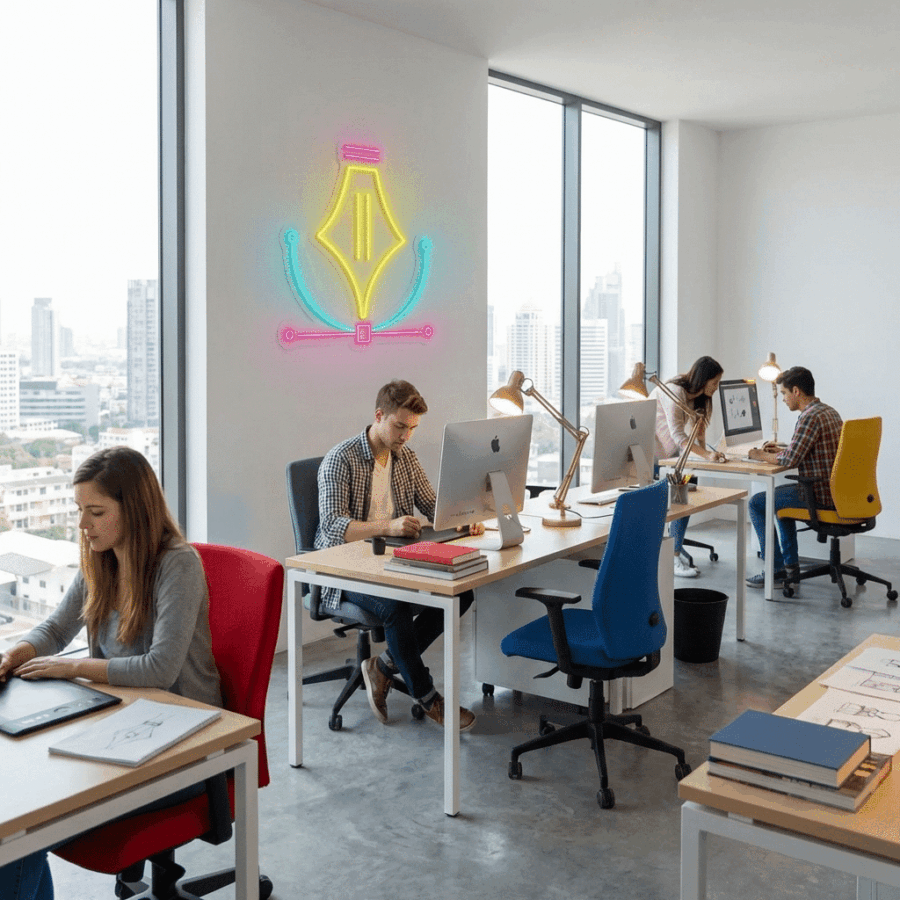 Four people work at desks with computers in a modern office featuring large windows and a Graphic Designer Neon sign on the wall, with city buildings visible outside.