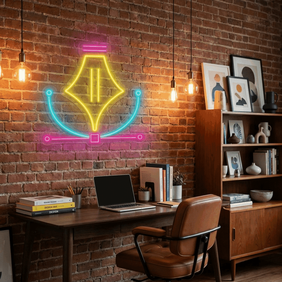 A home office with a laptop on a wooden desk, books, a chair, shelves, and the Graphic Designer Neon pen nib sign on an exposed brick wall.