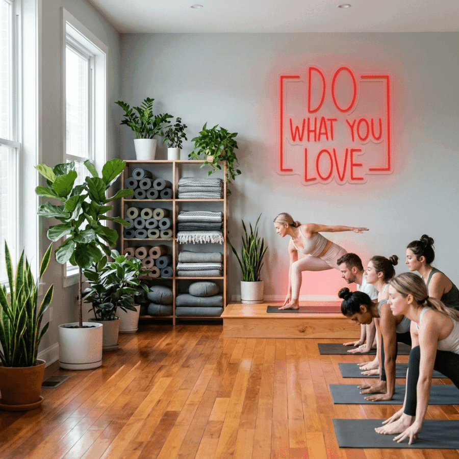 A yoga instructor leads a group in a bright studio decorated with plants and the Neon Sign: Do What You Love.
