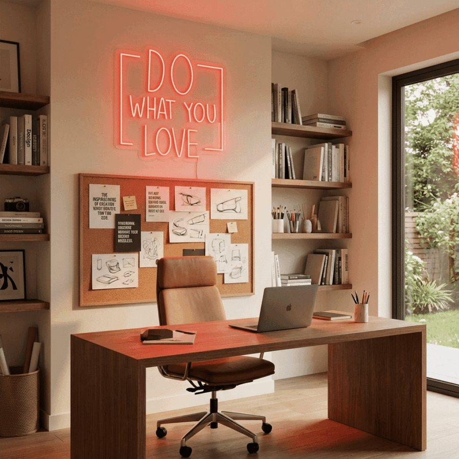 A modern home office with a wooden desk, laptop, bookshelves, corkboard, brown chair, and the Neon Sign: Do What You Love on the wall. A large window reveals a garden view outside.