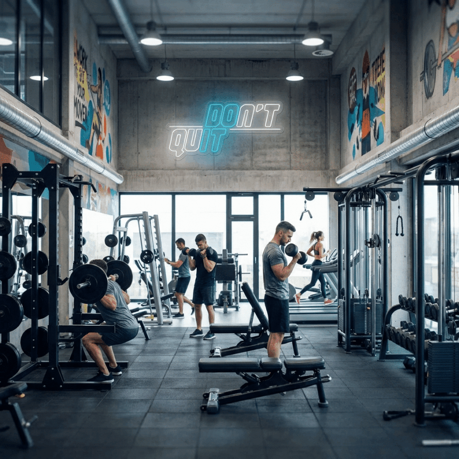 People work out with weights in a bright, spacious gym filled with equipment. A Neon Don't Quit sign glows on the back wall, surrounded by motivational posters to inspire everyone.