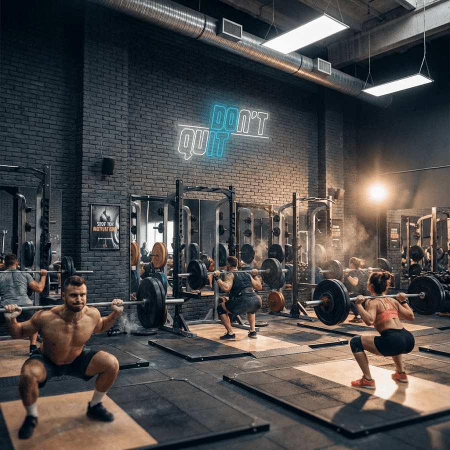 People lift barbells and squat in a modern gym featuring the Neon Don't Quit sign on the wall.