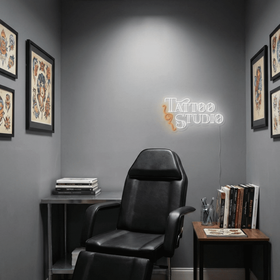 A black tattoo chair sits in a small room with gray walls, framed flash art, a bold Tattoo Studio Neon sign, and tables stacked with books and magazines.