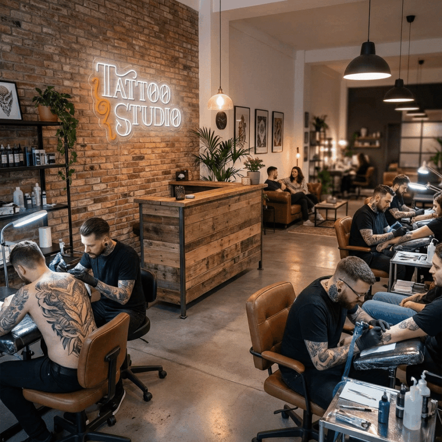 Tattoo artists work on clients in Tattoo Studio Neon, a modern, well-lit space featuring exposed brick walls, a wooden reception desk, and a glowing "Tattoo Studio" neon sign.