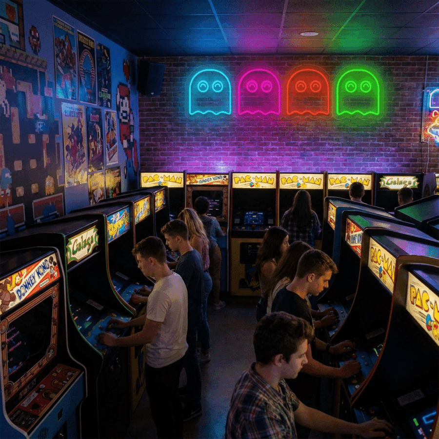 People play arcade games in a retro setting, surrounded by Pac-Man Ghosts Neon signs and vintage posters—ideal for snapping selfies with friends.