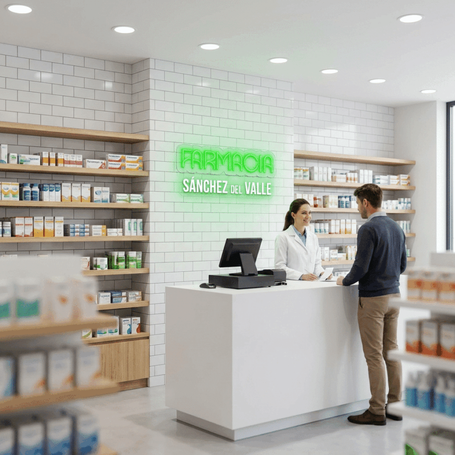 A pharmacist in a white coat helps a customer at the counter of a modern pharmacy, with shelves of medicines and a Pharmacy Neon Sign glowing above.