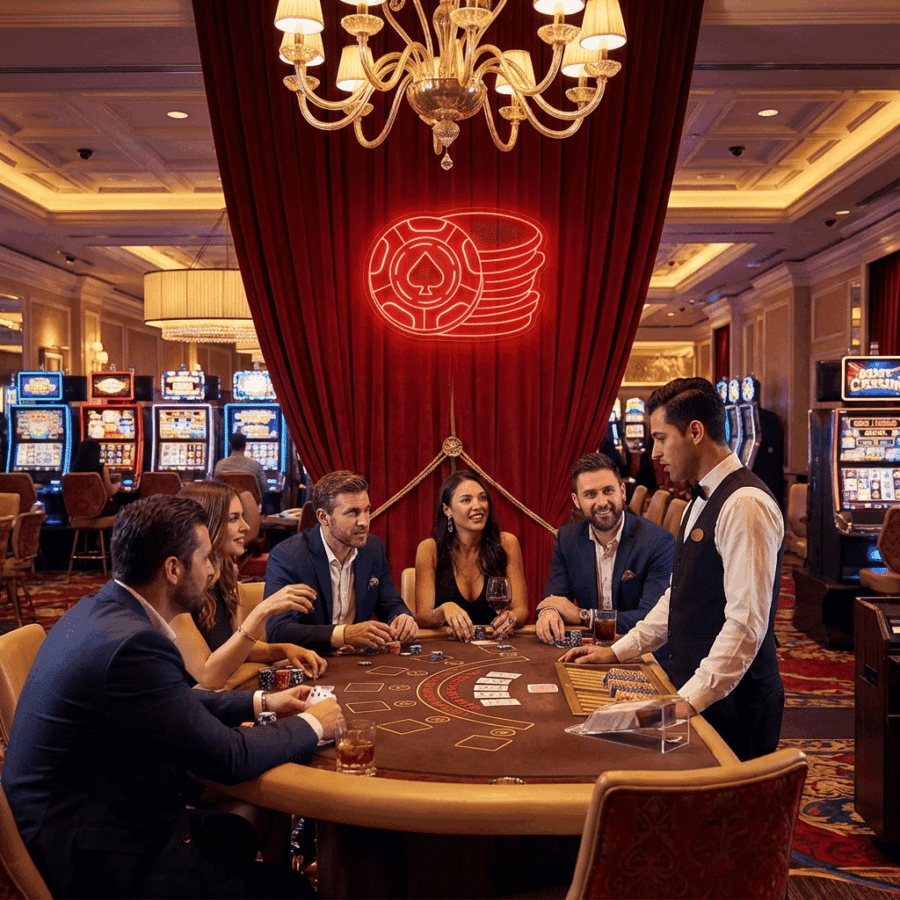 A group plays cards with a dealer at a casino table, while slot machines and the Poker Chip Neon sign illuminate the background.