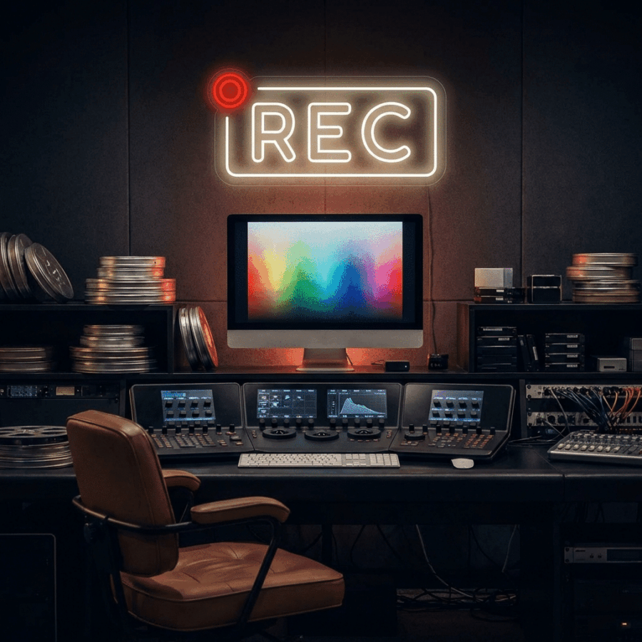 A modern recording studio with a large mixing desk, an office chair, film reels, a desktop computer, and the Neon Filmmaker REC sign illuminating the wall.