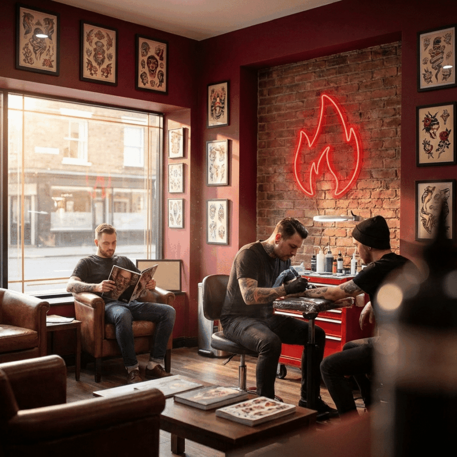 Two tattoo artists collaborate with a client in a studio adorned with framed tattoo art and a Neon Fire sign, as another person relaxes nearby on a leather sofa reading a magazine.