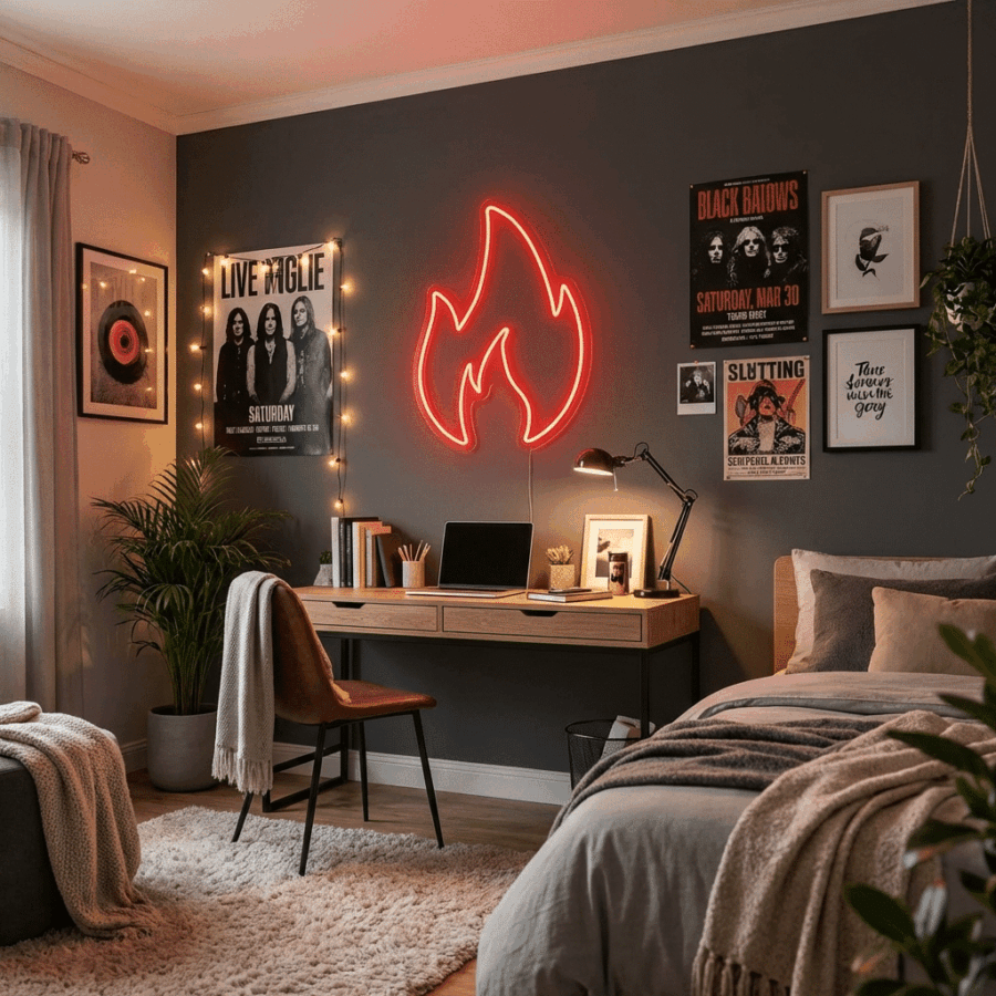 Modern bedroom with a desk, laptop, and plants; the Neon Fire light and posters decorate a dark accent wall above the workspace, with a bed and cozy textiles nearby.