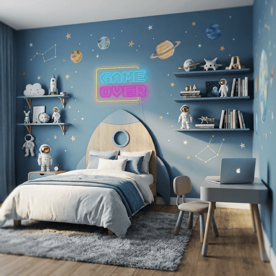 A child's space-themed bedroom features a rocket bed, astronaut decor, wall constellations, toy shelves, a small desk with chair, and the Game Over Neon sign for a playful touch.