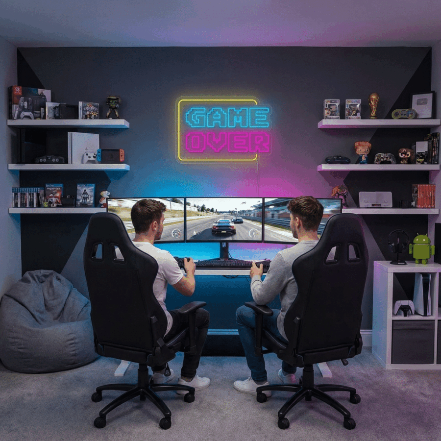 Two people play a racing game on dual monitors while sitting in gaming chairs. Shelves of gaming consoles line the room, and a Game Over Neon sign glows on the wall.