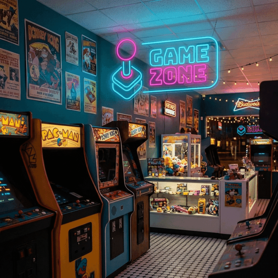 Retro arcade room featuring classic video game machines, the Neon Game Zone sign, a claw machine, and vintage posters on the walls.