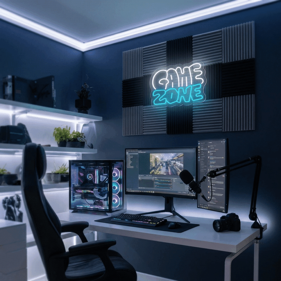 A modern gaming setup features dual monitors, RGB PC, keyboard, mouse, microphone, camera, and a Neón Game Zone Dos Colores wall sign in a blue-lit room with shelves and plants.