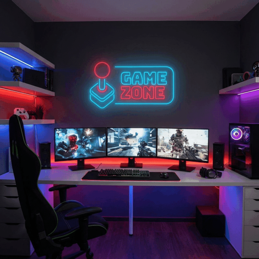 A modern gaming setup featuring three monitors, a gaming chair, LED lighting, a desktop PC, and the Neon Game Zone sign on the wall.