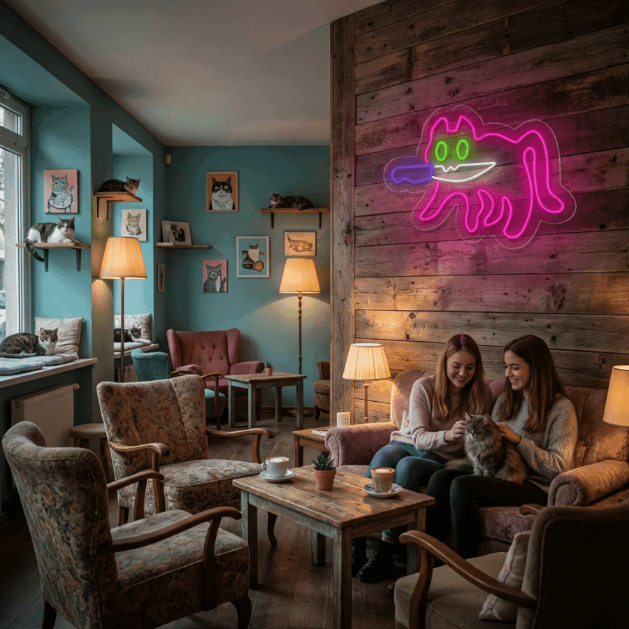 Two women sit on a sofa in a cozy cafe, petting a cat beneath the Stealthy Cat Neon sign, with cat-themed art and several cats lounging throughout the room.