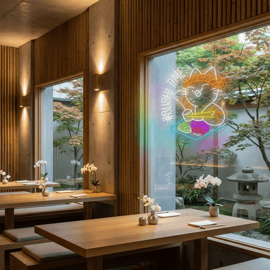 Neon Cat Sushi restaurant features a modern interior with wooden tables, large windows, and a glowing Neon Cat Sushi sign on the glass, overlooking a tranquil Japanese garden.