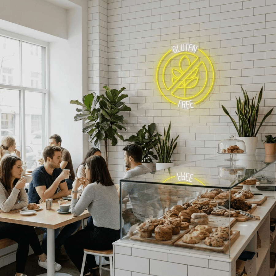 People sit and chat at tables in a bright bakery, highlighted by the vibrant Gluten Free Neon sign from Gluten Free Neon, with potted plants and a display counter filled with delicious pastries.