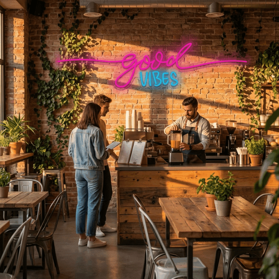 A barista makes a drink behind a wooden counter as two customers check the menu in a cozy cafe with plants, brick walls, and the Good Vibes Neon sign glowing.