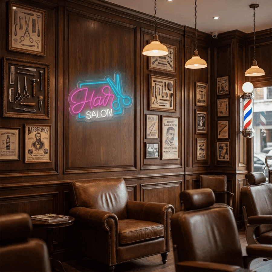 Barbershop interior features leather chairs, wooden paneling, vintage posters, a glowing Neon Hair Salon sign above the entrance, and a classic barber pole visible by the window.