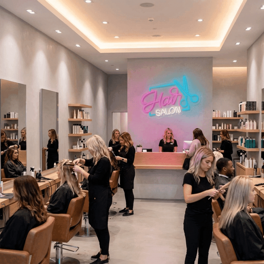 Hairstylists style clients’ hair at Neon Hair Salon, where a glowing sign welcomes guests and stylish shelves display premium hair products.