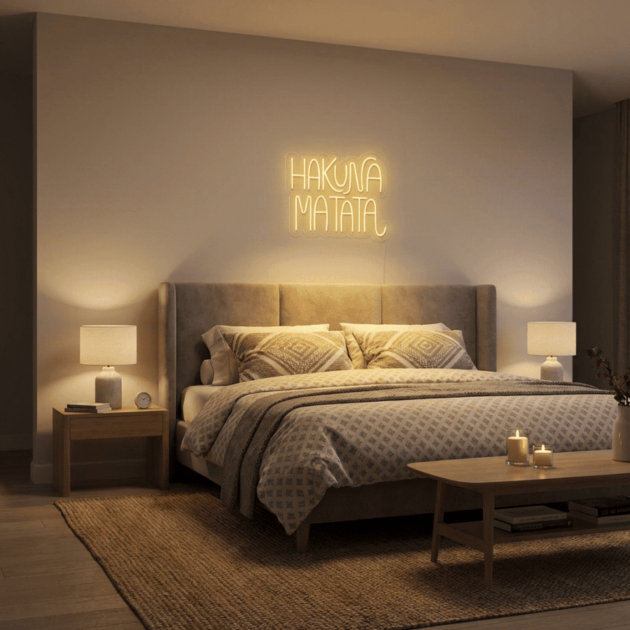 A modern bedroom with a bed, two bedside tables and lamps, a wooden coffee table, and the Hakuna Matata Neon Sign glowing vibrantly above the headboard.