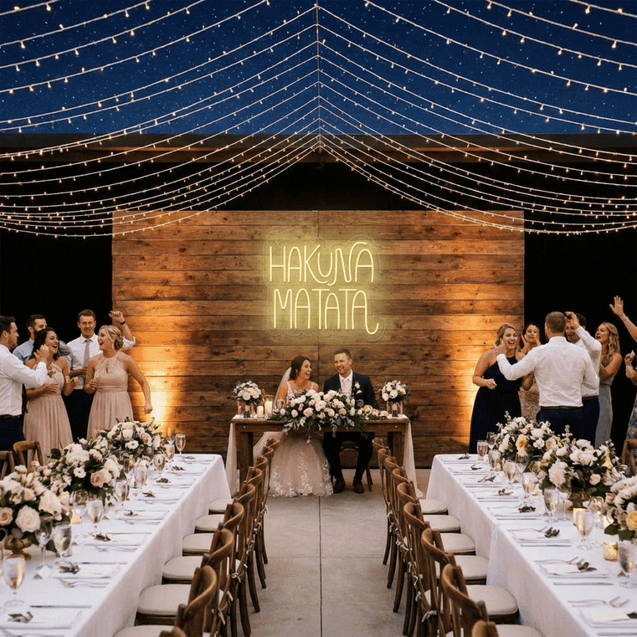 Outdoor wedding reception with string lights and a Hakuna Matata Neon Sign shining above long decorated tables as guests celebrate joyfully around the happy couple at the head table.