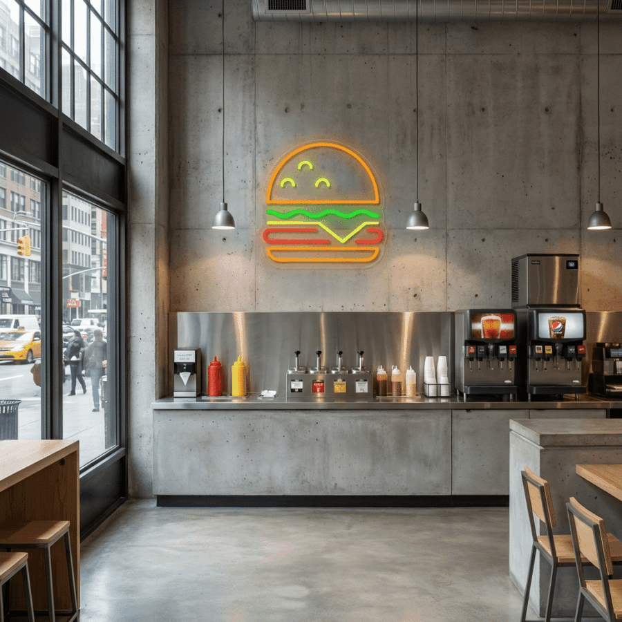 Neon Burger is a modern fast-food spot featuring concrete walls, a vibrant neon burger sign, beverage dispensers, condiments, and large windows with views of a lively city street.