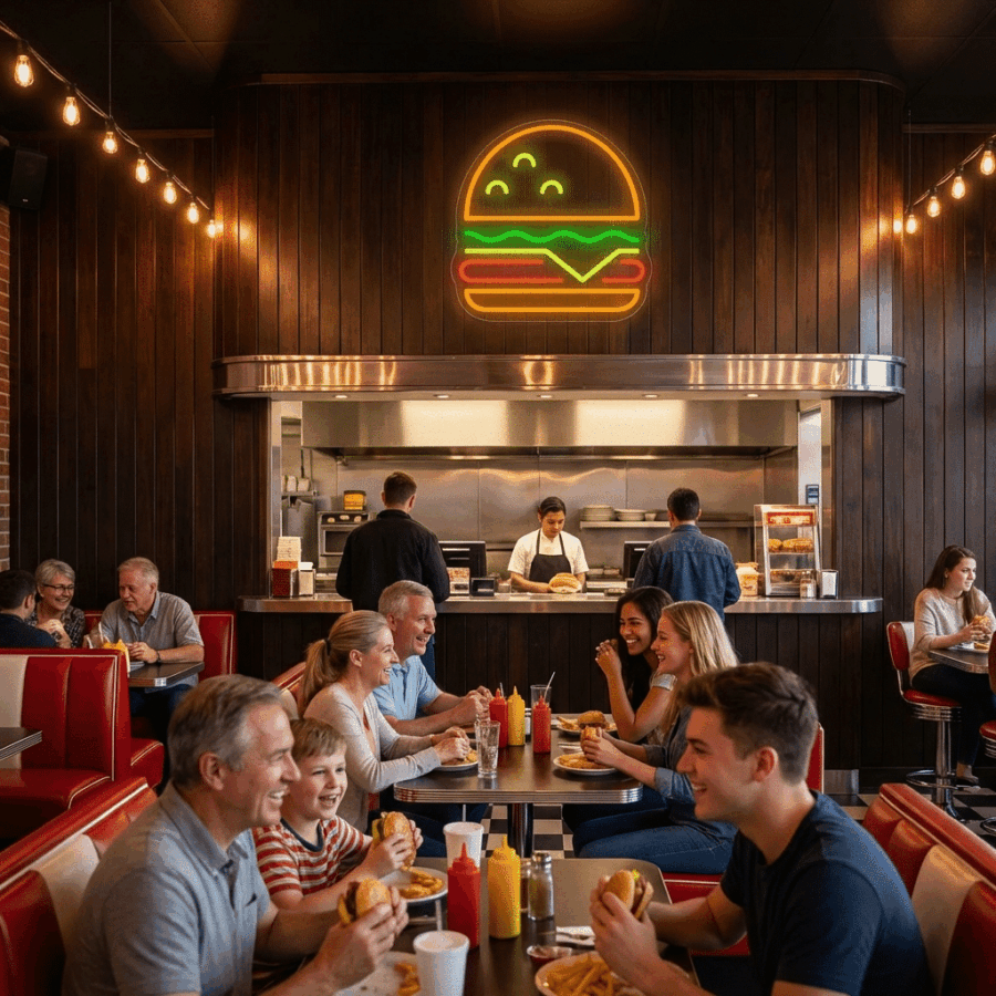 At Neon Burger, guests dine in retro red booths as a glowing neon burger sign shines above the open kitchen where chefs prepare meals.