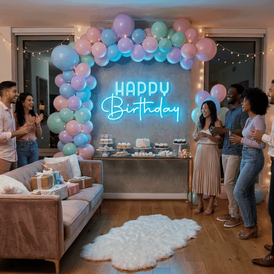 A group of people stands in a decorated room with pastel balloons, gifts, a dessert table, and the Happy Birthday Neon sign.