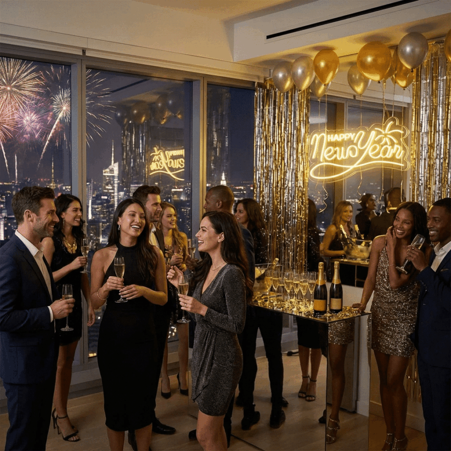 A group of people in formal attire celebrates New Year's Eve indoors with balloons, champagne, and fireworks outside the window. The Happy New Year Neon sign glows brightly in the background.