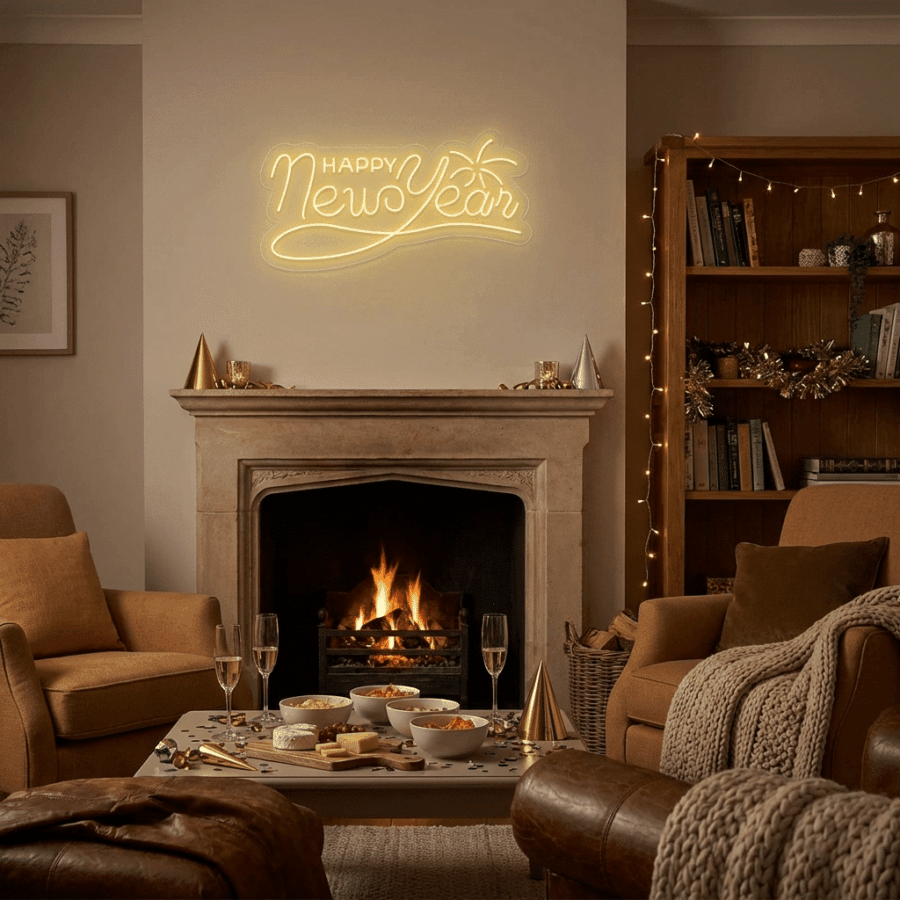 A cozy living room features the Happy New Year Neon glowing above the fireplace, with party hats, snacks, champagne on the coffee table, and festive décor adding brightness to the shelves.