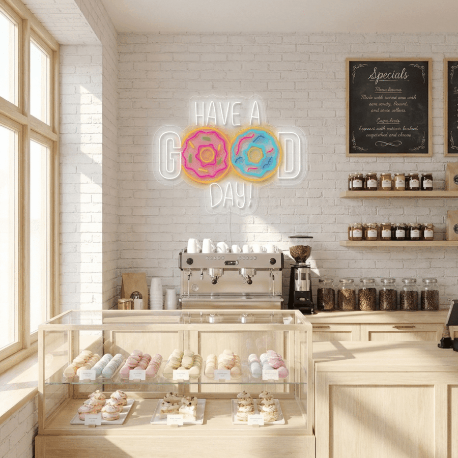 Bright, modern bakery interior featuring a Neon HAVE A GOOD DAY sign, a display case of pastries, coffee machine, shelves with jars, and two colorful donuts.