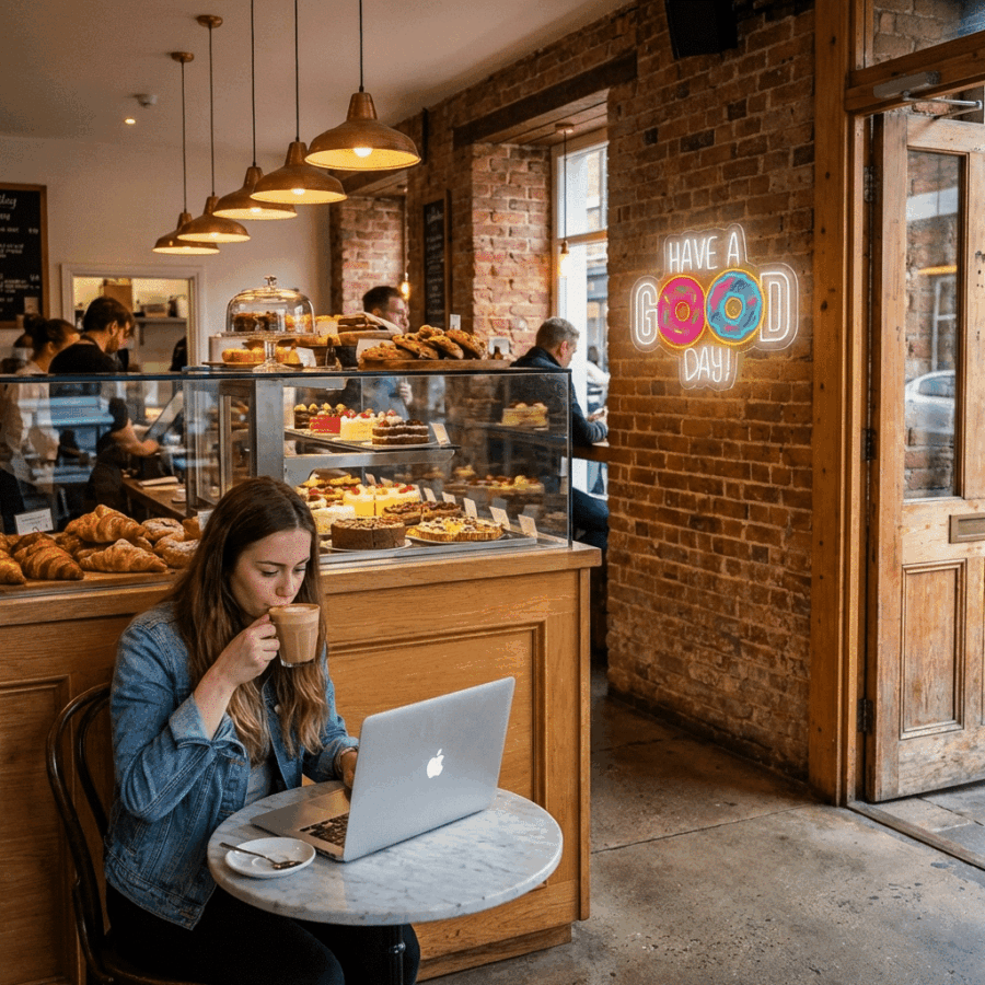 A woman sits at a small round café table, sipping coffee and working on her laptop. Pastries are in a glass case, while the Neon HAVE A GOOD DAY sign glows on the brick wall.