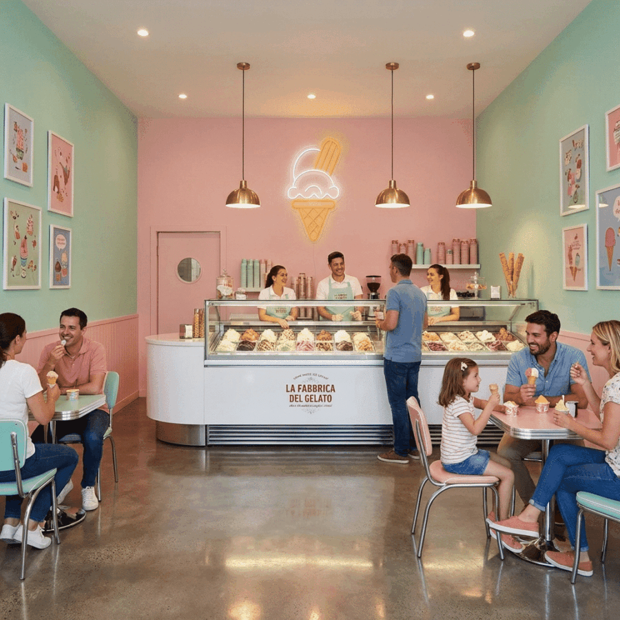 People enjoy gelato in a pastel-colored ice cream shop, relaxing at small tables while staff serve them. Above the counter, the Ice Cream Cone Neon sign glows brightly, adding charm as everyone chats and eats.