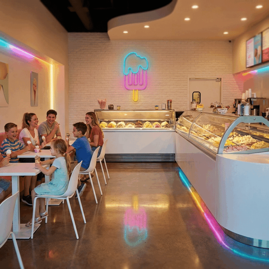 A group enjoys Refreshing Ice Neon in a brightly lit shop, accented by neon lights and dessert display cases.