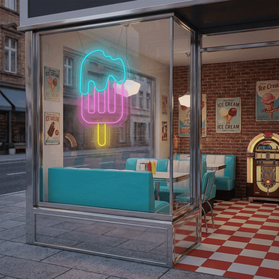 A retro diner with turquoise booths, red-and-white checkered floors, vintage ice cream posters, a jukebox inside, and a glowing Refreshing Ice Neon sign in the window.