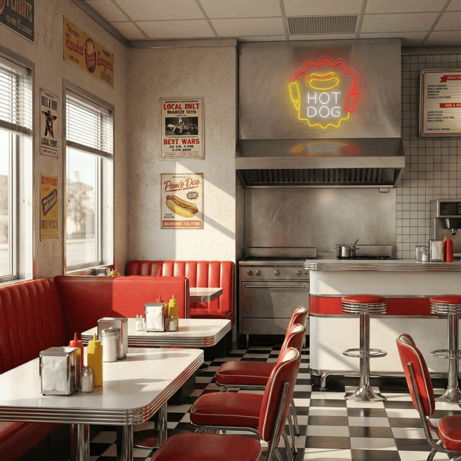 A retro-style diner features red booths, stools, a checkered floor, vintage posters, and a vibrant Hot Dog Neon with Sauces sign above the grill counter. Sunlight pours through the windows.