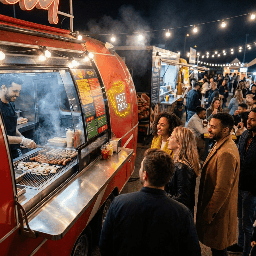 At night, people line up at a food truck serving hot dogs, lit by a vibrant Hot Dog Neon with Sauces sign, while the vendor grills and other glowing stalls brighten the lively atmosphere.