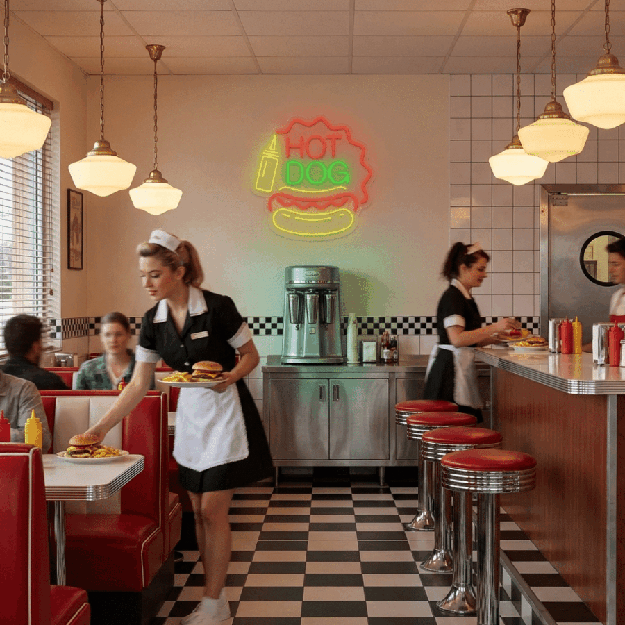 Two waitresses serve food to customers in a retro diner featuring red booths, a checkered floor, and the Neon Hot Dog sign glowing on the wall.