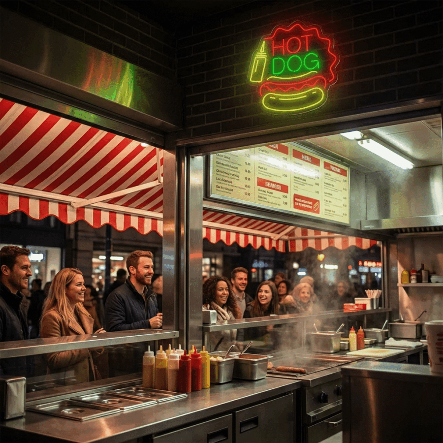 A group of people wait in line at the Neon Hot Dog stand, which features a neon sign, red-striped awning, condiment bottles on the counter, and a menu board above.