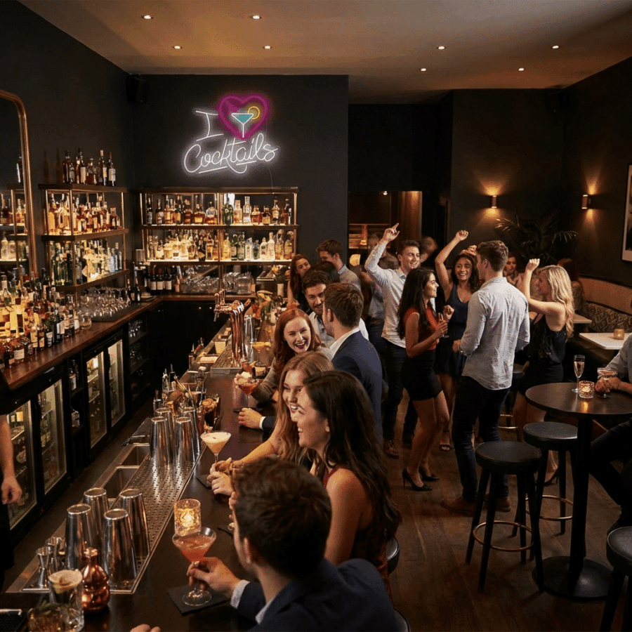 Groups mingle and sip drinks in a lively modern bar, where bartenders work beneath the glowing Neon I Love Cocktails sign, creating a vibrant atmosphere for socializing and dancing.