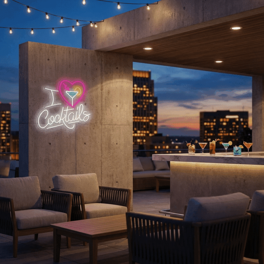 At dusk, the rooftop lounge glows with the Neon I Love Cocktails sign, string lights overhead, city skyline in the background, and several cocktails on the bar counter.