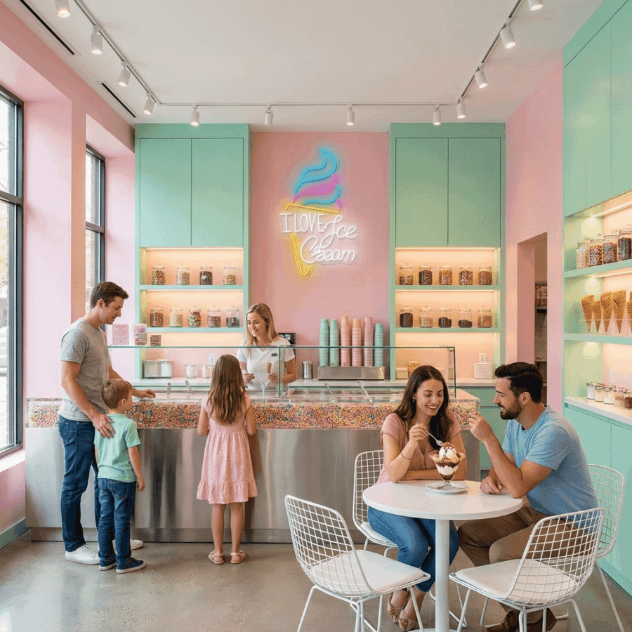 A family and a couple enjoy ice cream in a pastel-toned shop featuring the Neon I Love Ice Cream sign behind the counter.
