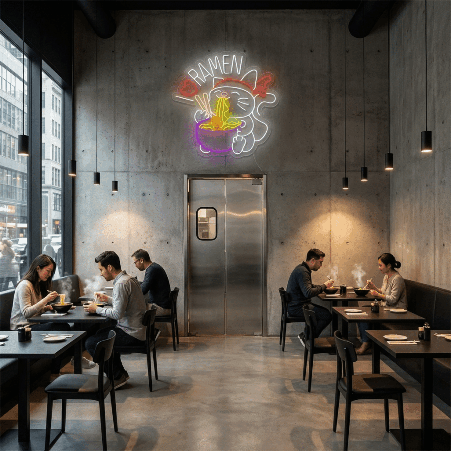 People sit at modern black tables eating ramen in a minimalist restaurant with concrete walls, beneath a striking Neon I Love Ramen sign glowing above a metal door.