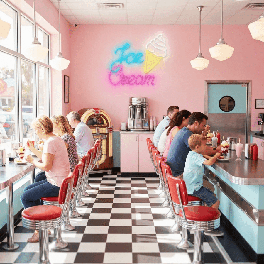 People sit at a counter in a retro-style diner with pink walls, a checkered floor, jukebox, and a glowing Neon Ice Cream with Cone sign on the wall.