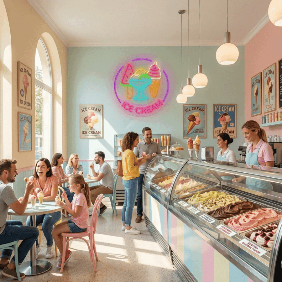 Customers savor ice cream in a pastel-hued shop, where the ICE Cream Neon sign shines above a counter filled with various flavors.