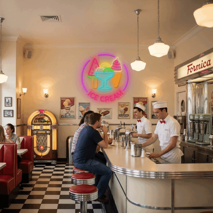 A retro diner with a checkered floor, red booths, and an ICE Cream Neon sign above the counter features a jukebox and two servers in white uniforms serving customers.