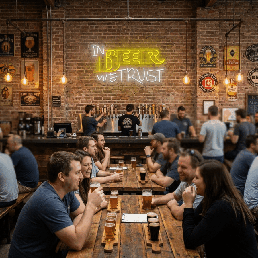 People sit at wooden tables drinking beer in a busy brewery with a brick wall, where the Neon In Beer We Trust sign glows and bartenders pour drinks at the bar in the background.